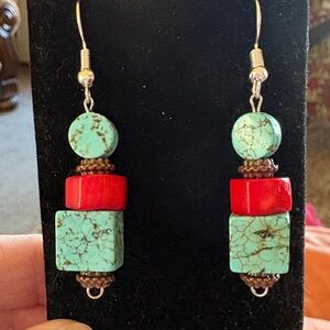 Hand Crafted Turquoise and Red Brass Earrings
